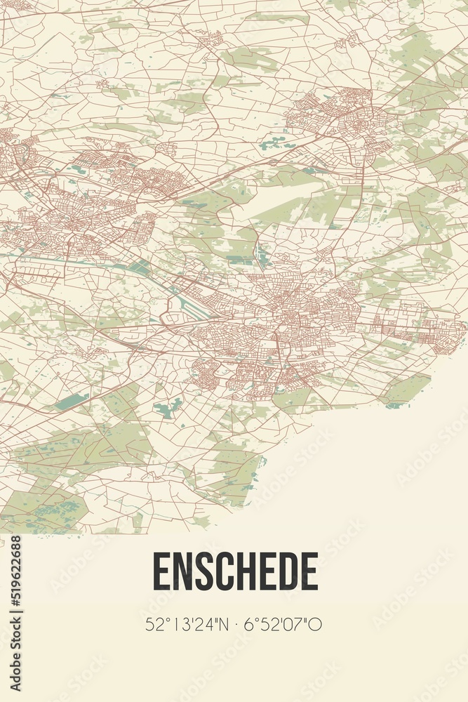 Enschede, Overijssel, Twente region vintage street map. Retro Dutch city plan.
