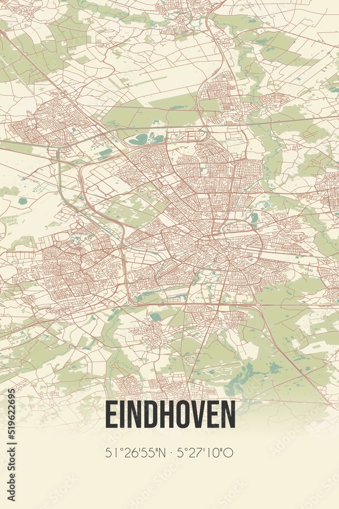 Eindhoven, Noord-Brabant, Peel region vintage street map. Retro Dutch city plan.