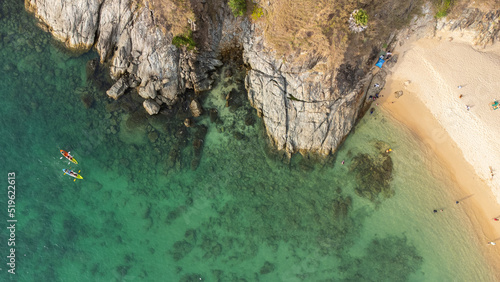 Top view of canoe. people boating in the sea.