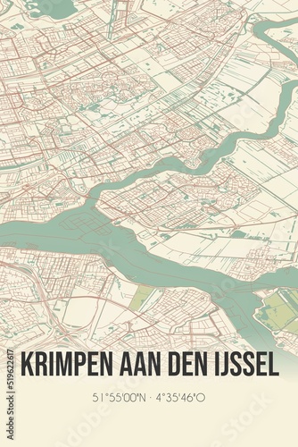 Krimpen aan den IJssel  Zuid-Holland vintage street map. Retro Dutch city plan.