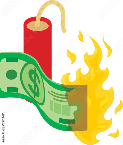 Bankruptcy concept icon isometric vector. Burning dollar banknote and dynamite. Financial loss, inflation, loss, default