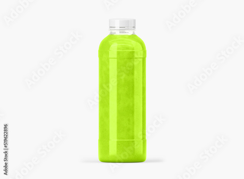 Plastic bottle of green smoothies, packaging mockup. Spinach, kiwi or celery shake in clear container. Detox cocktail for healthy dieting. Fruit and vegetable drink isolated on background, 3d render