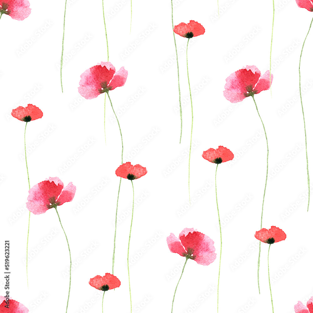 Watercolor poppy seamless pattern on white background. Spring botanical print. Vintage romantic bloom design. Floral ornament for postcards, greeting cards, textile, wrapping paper and more Watercolor poppy seamless pattern on white background. Spring botanical print. Vintage romantic bloom design. Floral ornament for postcards, greeting cards, textile, wrapping paper and more