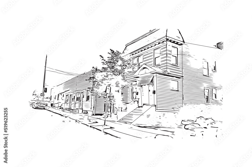 Building view with landmark of Newark is the 
city in New Jersey. Hand drawn sketch illustration in vector.