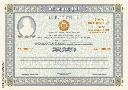 Fictitious vector US Treasury bond, 25,000 dollars denomination. Patterned frame, guilloche mesh and oval with silhouette. James Garfield