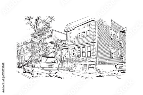 Building view with landmark of Newark is the 
city in New Jersey. Hand drawn sketch illustration in vector.