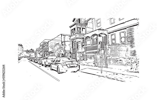 Building view with landmark of Newark is the city in New Jersey. Hand drawn sketch illustration in vector.
