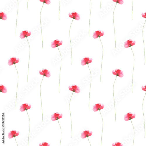 Watercolor poppy seamless pattern on white background. Spring botanical print. Vintage romantic bloom design. Floral ornament