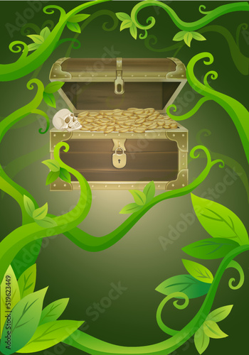 Cartoon illustration of treasure chest filled with gold and a single human skull hidden in a jungle 