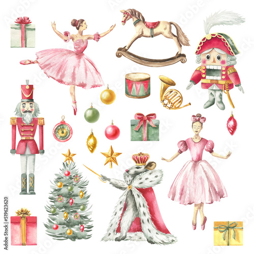 Watercolor Christmas illustration – Nutcracker: Ballerina, soldier, rocking horse, Christmas tree, gifts, mouse king, Christmas toys, retro toys, star, musical trumpet, drum.