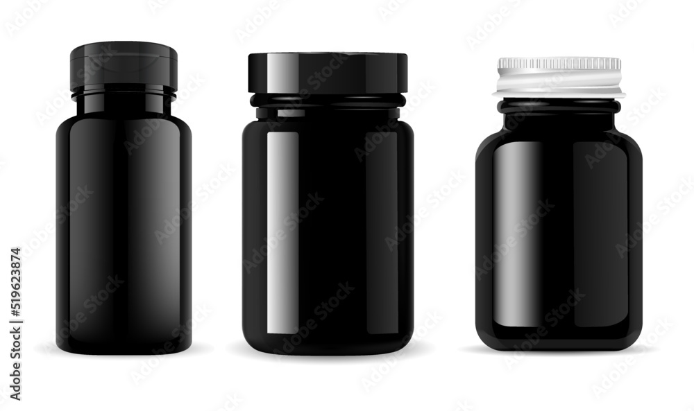 Black pill bottle. Vitamin supplement container mockup 3d vector blank, isolated template. Medical capsule jar, glossy pack. Sport vitamin product round packaging, realistic illustration Black pill bottle. Vitamin supplement container mockup 3d vector blank, isolated template. Medical capsule jar, glossy pack. Sport vitamin product round packaging, realistic illustration