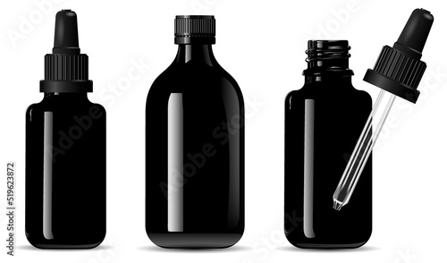 Black glass dropper bottle mockup. Isolated medical bottle with pharmacy syrup. Liquid serum essence jar with pipette. Organic beauty tincture eyedropper flask. Essential oil glass bottle