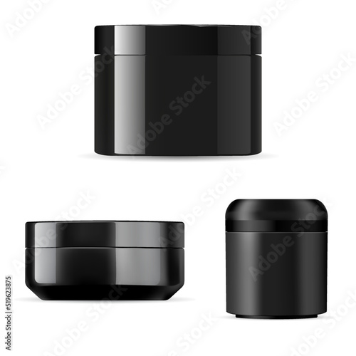 Cosmetic cream jar. Plastic face cream container mockup. Glossy body butter bottle template, front design. Premium men cosmetic, wax, skin moisturizer can blank for advertizing