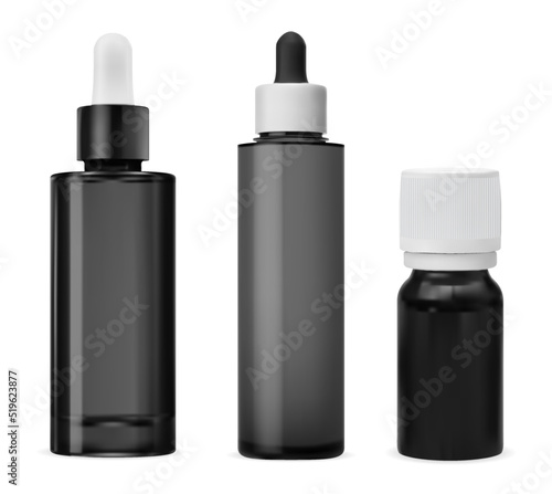 Essential oil dropper bottle vector mockup. Aromatherapy essence container design blank with drop lid. Black eyedropper flacon for serum, glossy packaging. Nature collagen vial template