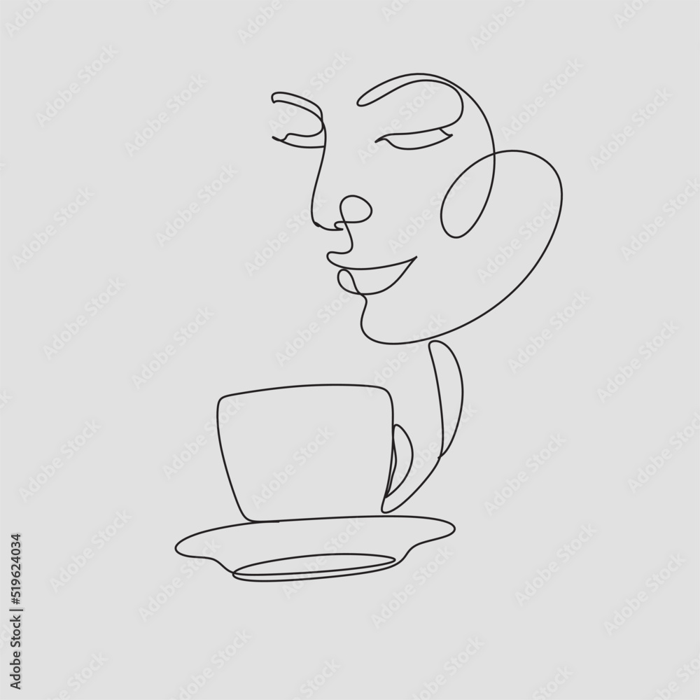 Woman with coffee mug cup line art. Abstract girl with cup minimal logo. Cafe logo. Woman with tea mug Woman with coffee mug cup line art. Abstract girl with cup minimal logo. Cafe logo. Woman with tea mug