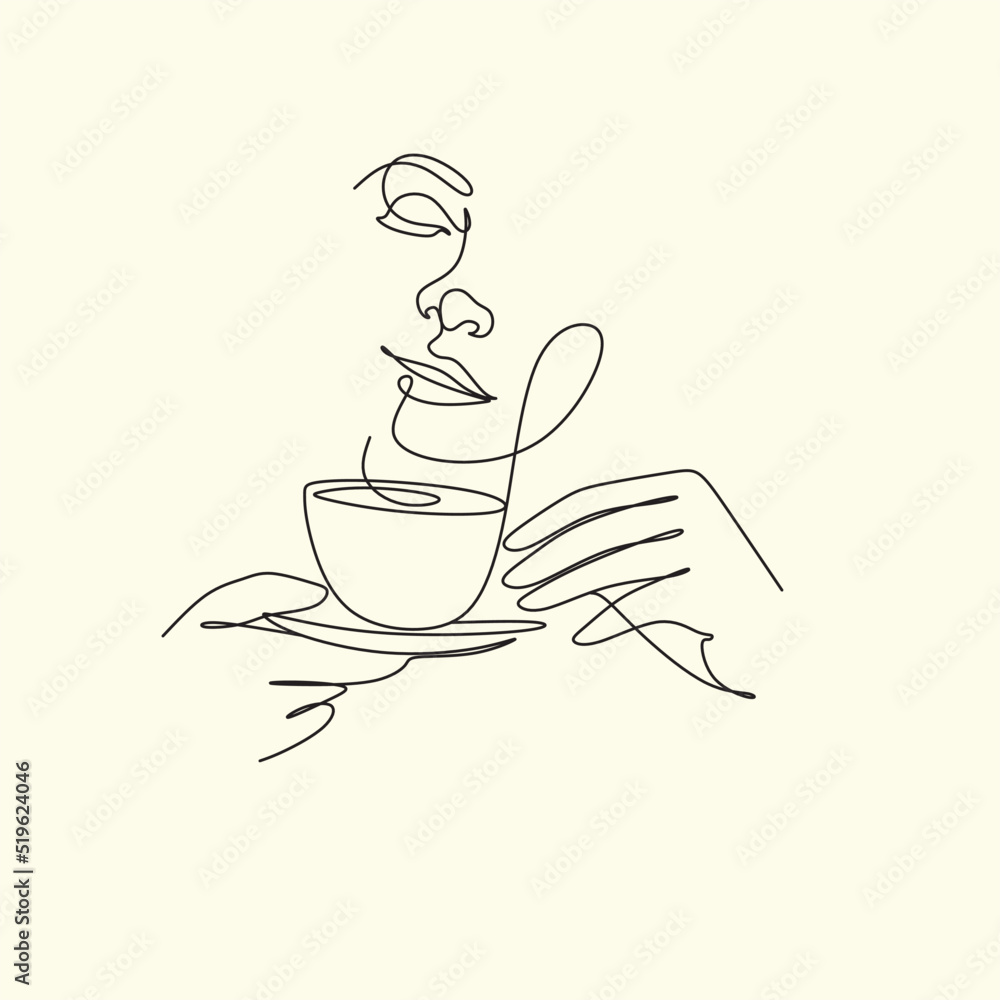 Vecteur Stock Woman with coffee mug cup line art. Abstract girl with cup  minimal logo. Cafe logo. Woman with tea mug | Adobe Stock