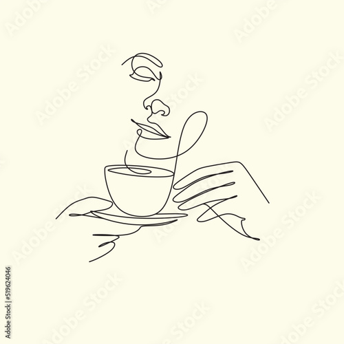 Woman with coffee mug cup line art. Abstract girl with cup minimal logo. Cafe logo. Woman with tea mug	