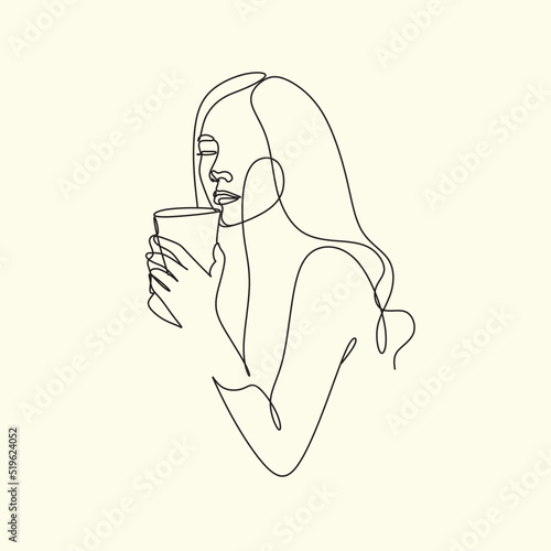Woman with coffee mug cup line art. Abstract girl with cup minimal logo. Cafe logo. Woman with tea mug	