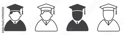 Set of students icons. Graduate icon, graduated student symbol. Graduate student boy in square hat or graduation academic wear. Vector illustration.