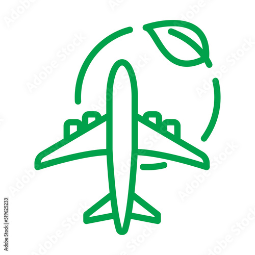 Electric plane line icon. Airplane in green circle with a leaf. Aircraft powered by electricity. Green aviation concept Vector illustration.