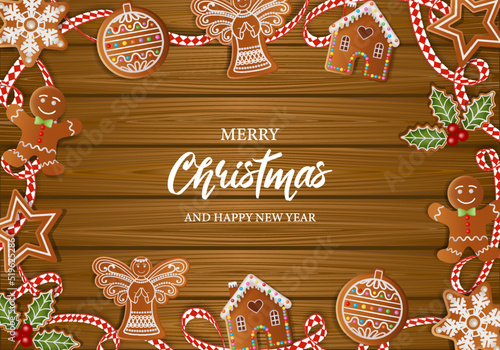 christmas background with gingerbread cookies and ribbon