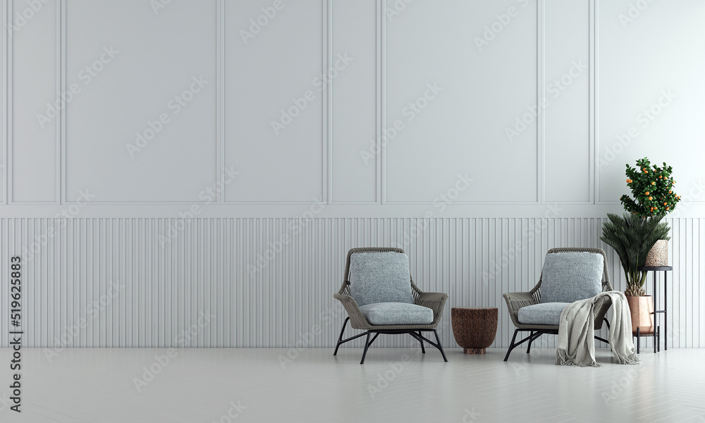 Modern cozy living room and white wall texture background interior
