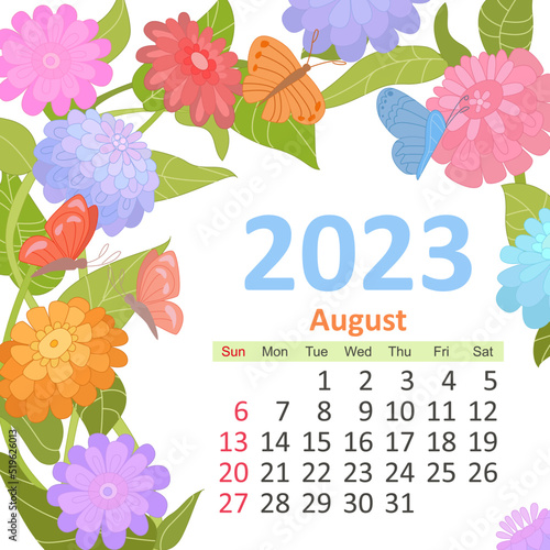 floral calendar 2023, august. colorful blooming frame with butte