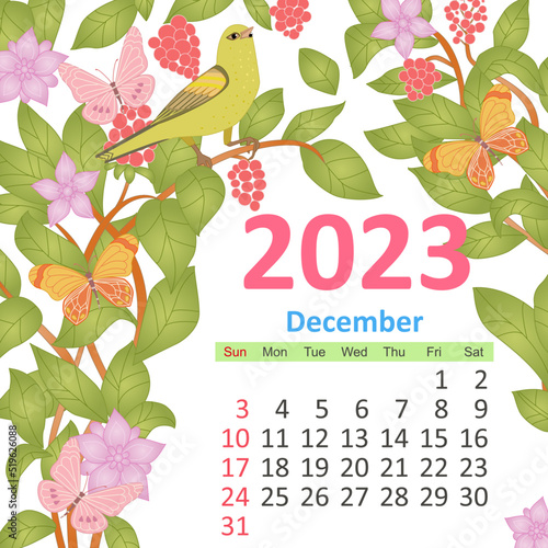 floral calendar 2023, december. colorful blooming frame with bir