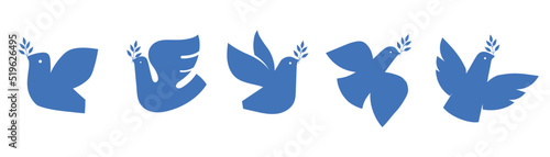 Dove of peace with olive branch abstract icons. Vector illustration.