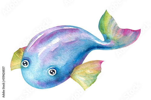 Watercolor fish. Multicolored cartoon fish with big eyes on a white background