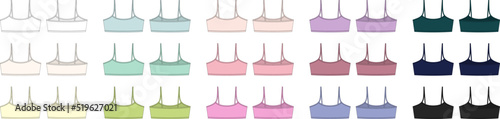 Set of girl bralette technical sketch illustration. Women's top bra with straps underwear design template collection