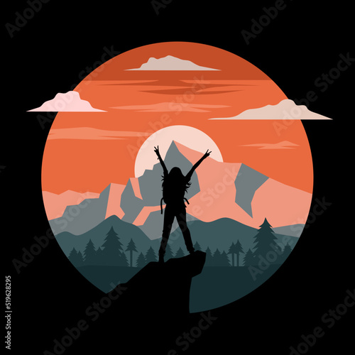 Silhouette of happy girl standing on rock peak looking at beautiful mountain during sunset. Hiking and tourism. Vector illustration.