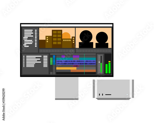 Small home studio for editing video on single screen. One monitor and mini computer. Software with preview windows, timeline, bins, audio mixer and waveforms. Vector illustration.