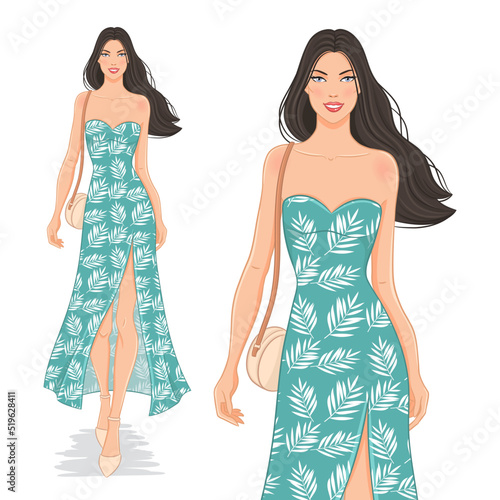 Vector fashion illustration of a beautiful, young, happy woman in a  palm leaf pattern dress. A fashion model walking, isolated on white background.  A smiling girl in a summer outfit.