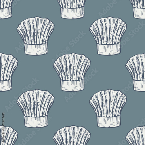 Chef hat engraved seamless pattern. Kitchen traditional element for cook in hand drawn style.