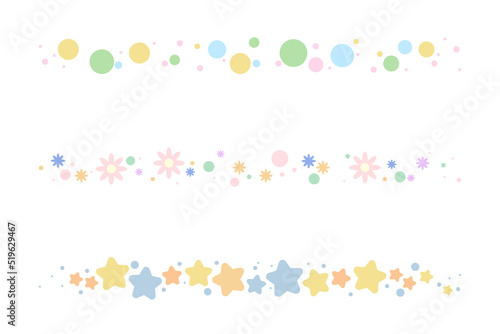 Set of cartoon decorative borders. Floral, polka dot, star pattern dividers. Isolated by white background, flat design, vector, illustration, EPS10