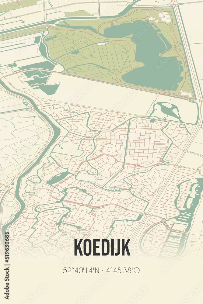 Obraz premium Koedijk, Noord-Holland vintage street map. Retro Dutch city plan.