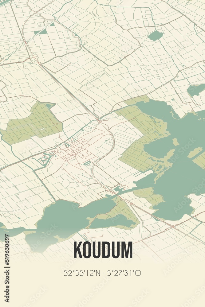 Koudum, Fryslan vintage street map. Retro Dutch city plan.