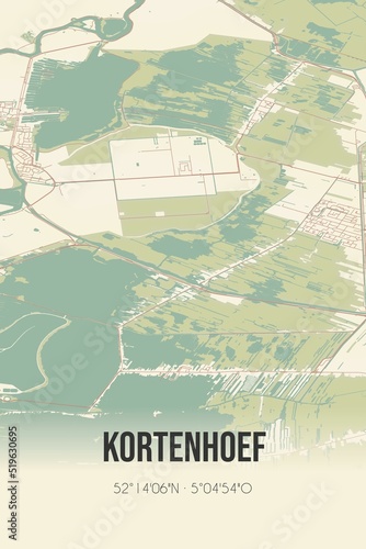 Kortenhoef, Noord-Holland vintage street map. Retro Dutch city plan.