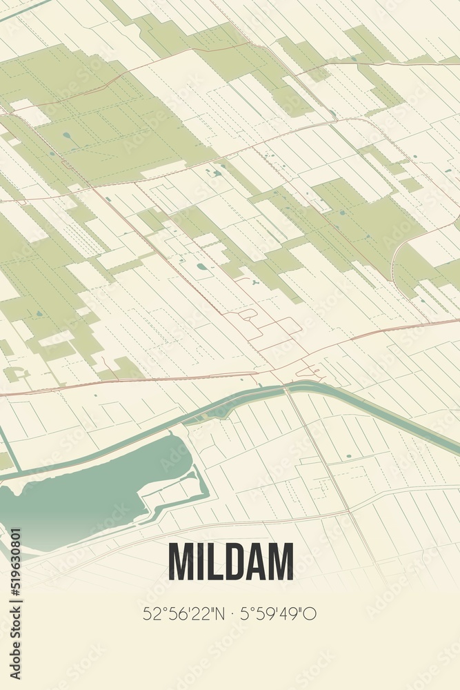 Mildam, Fryslan, Friesland region vintage street map. Retro Dutch city plan.