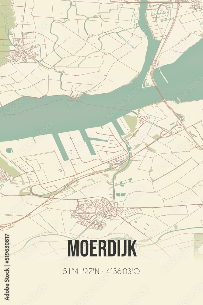 Fototapeta premium Moerdijk, Noord-Brabant vintage street map. Retro Dutch city plan.
