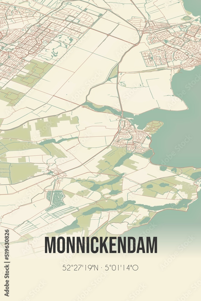 Monnickendam, Noord-Holland vintage street map. Retro Dutch city plan.