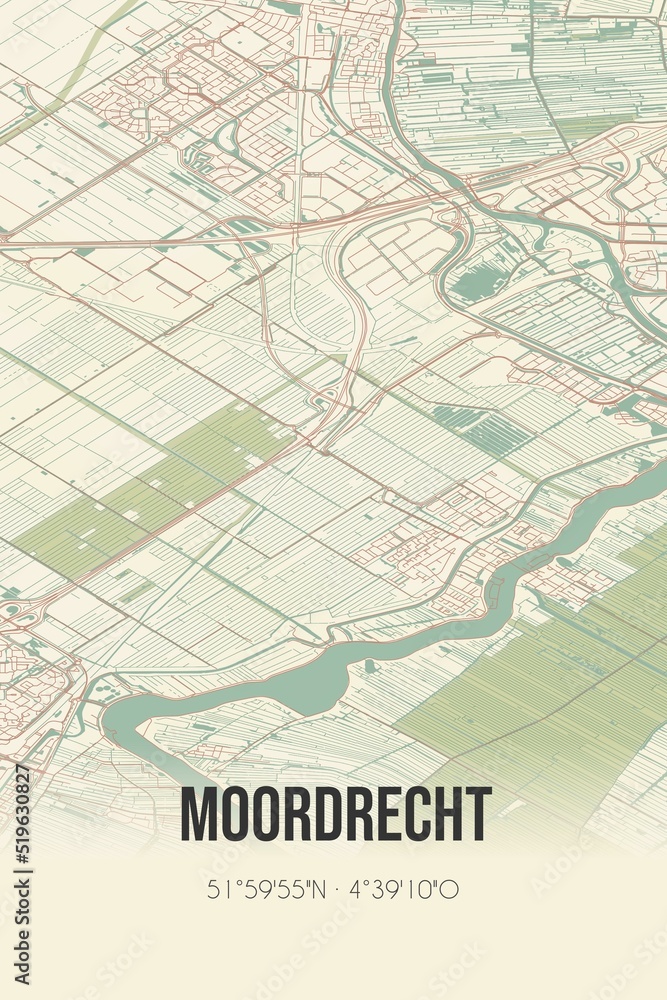 Moordrecht, Zuid-Holland vintage street map. Retro Dutch city plan.