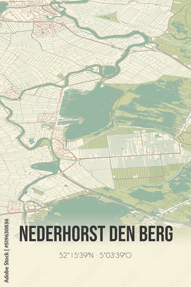 Nederhorst den Berg, Noord-Holland vintage street map. Retro Dutch city plan.
