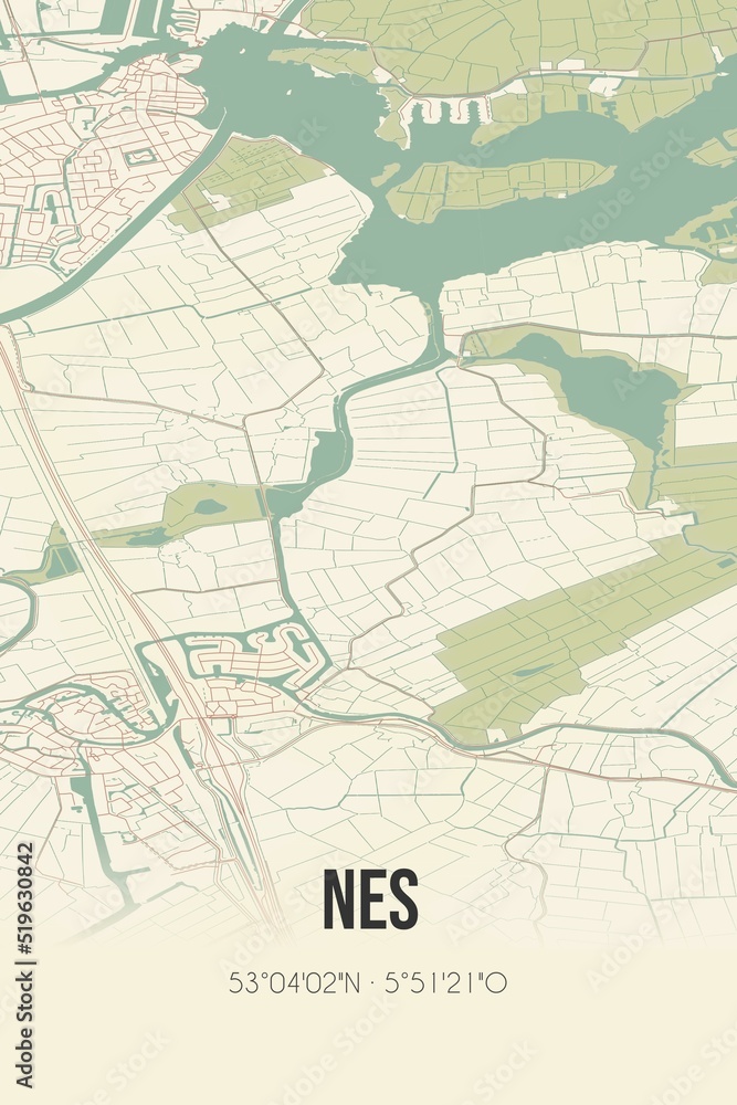 Nes, Fryslan, Friesland region vintage street map. Retro Dutch city plan.