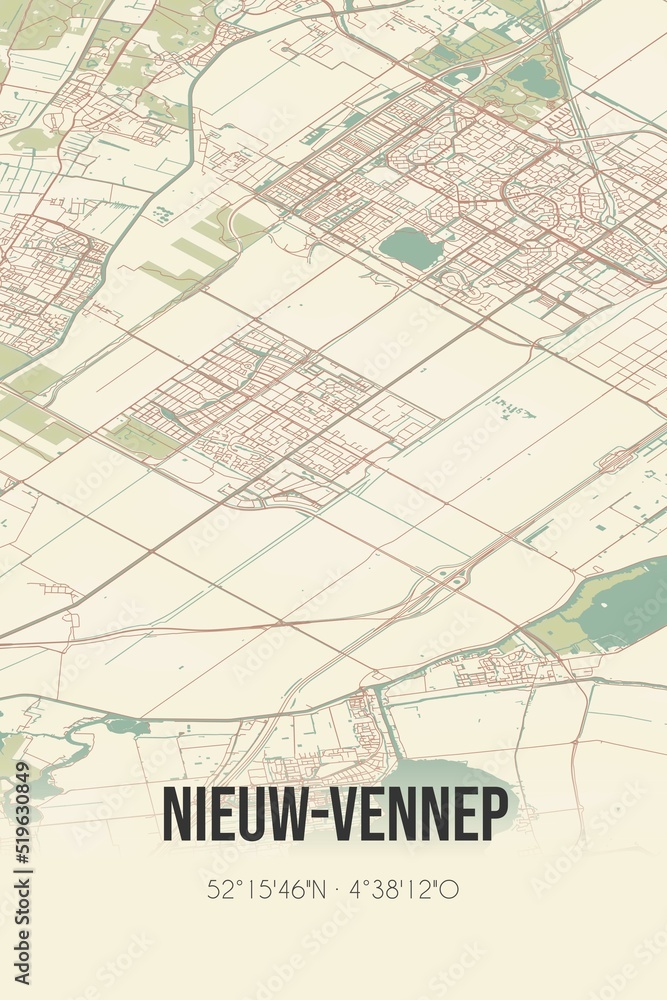 Nieuw-Vennep, Noord-Holland, Schiphol region vintage street map. Retro Dutch city plan.