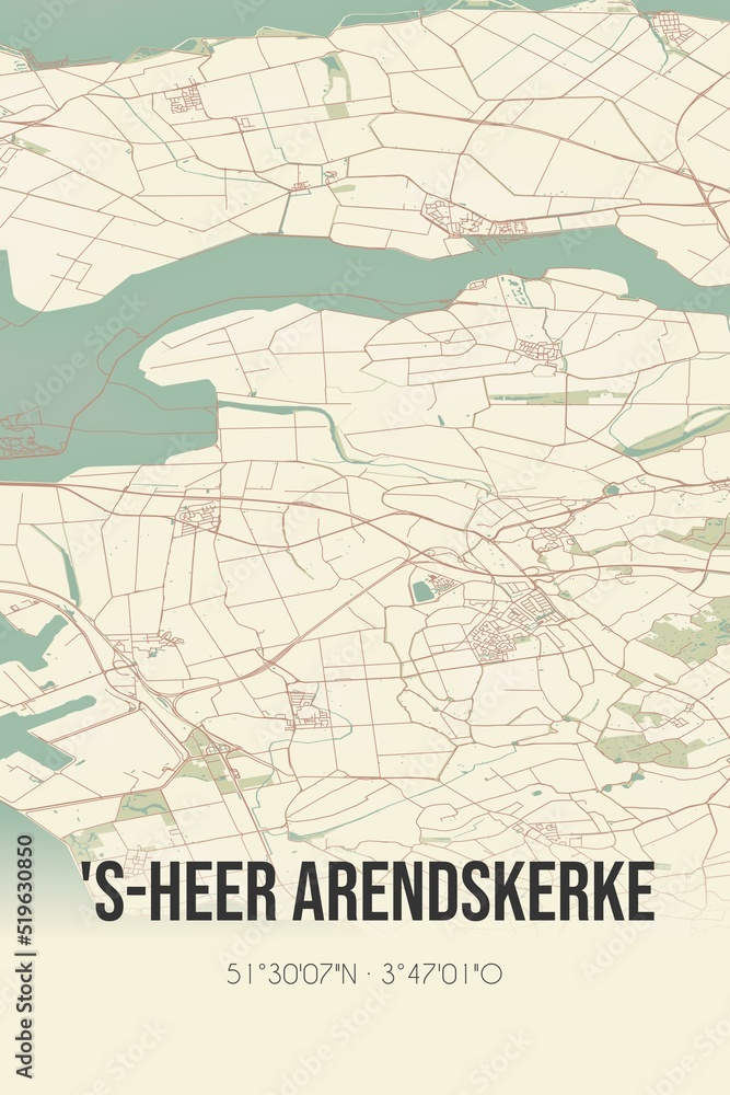 's-Heer Arendskerke, Zeeland vintage street map. Retro Dutch city plan.