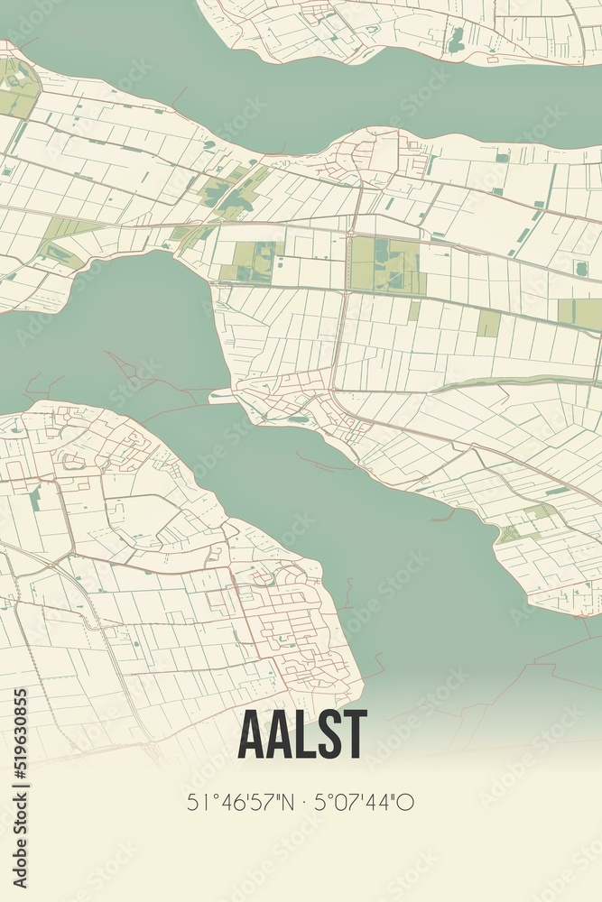 Obraz premium Aalst, Gelderland, Betuwe region vintage street map. Retro Dutch city plan.