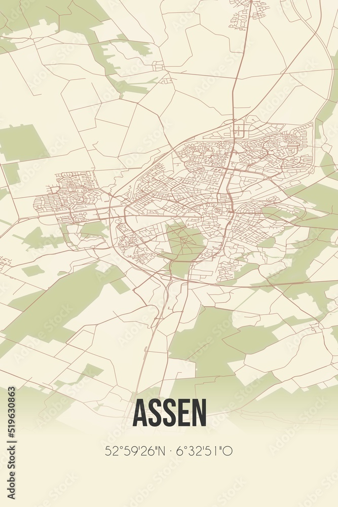 Fototapeta premium Assen, Drenthe vintage street map. Retro Dutch city plan.