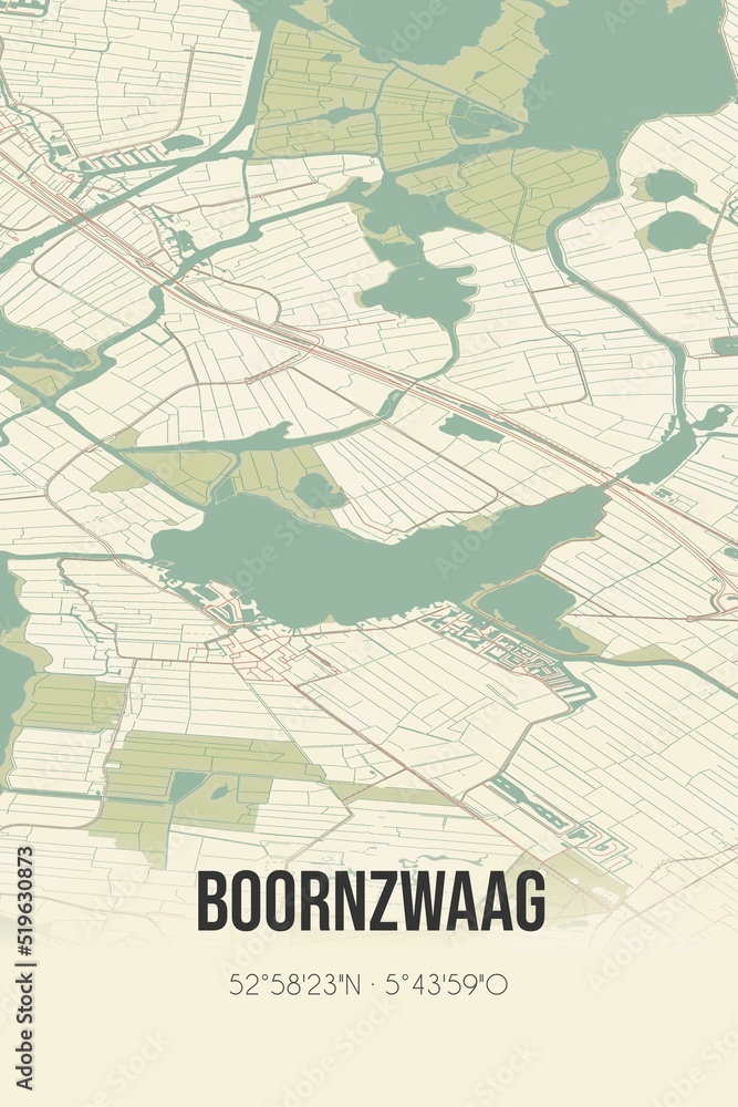 Boornzwaag, Fryslan, Friesland region vintage street map. Retro Dutch city plan.
